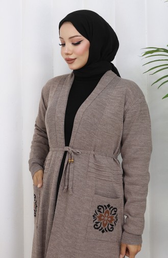Cardigan Long Brodé En Tricot 0022-01 Vison 0022-01