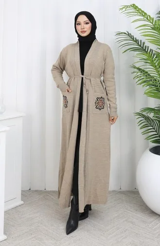 Strickwaren Bestickte Lange Strickjacke 0022-02 Beige 0022-02