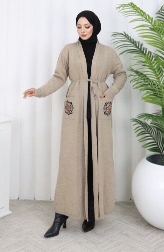 Cardigan Long Brodé En Maille 0022-02 Beige 0022-02