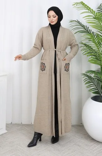 Strickwaren Bestickte Lange Strickjacke 0022-02 Beige 0022-02