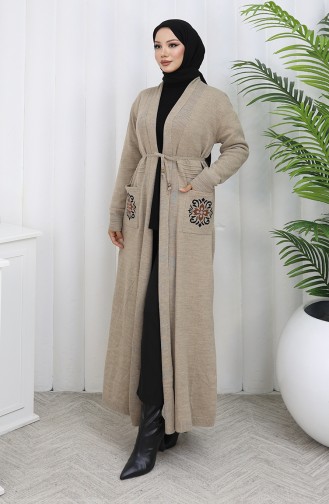 Cardigan Long Brodé En Maille 0022-02 Beige 0022-02