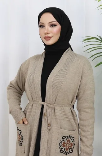 Strickwaren Bestickte Lange Strickjacke 0022-02 Beige 0022-02