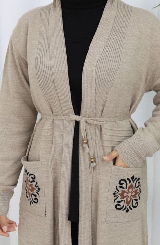Cardigan Long Brodé En Maille 0022-02 Beige 0022-02