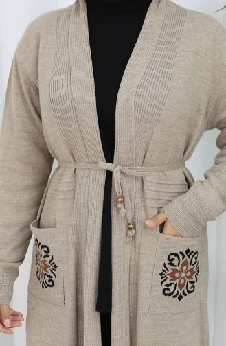 Strickwaren Bestickte Lange Strickjacke 0022-02 Beige 0022-02