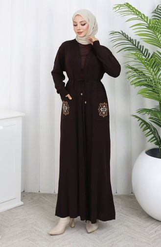 Cardigan Long Brodé En Maille 0022-05 Marron 0022-05