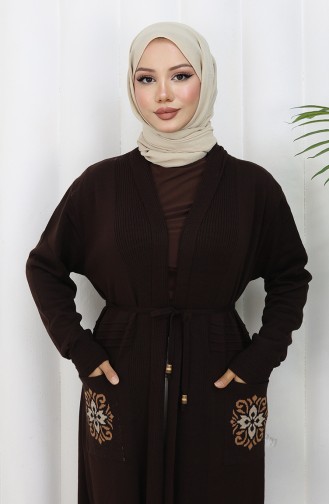 Cardigan Long Brodé En Maille 0022-05 Marron 0022-05