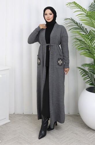 Gebreid Geborduurd Lang Vest 0022-06 Antraciet 0022-06