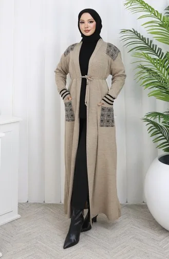 Strickwaren Bestickte Lange Strickjacke 0027-02 Beige 0027-02