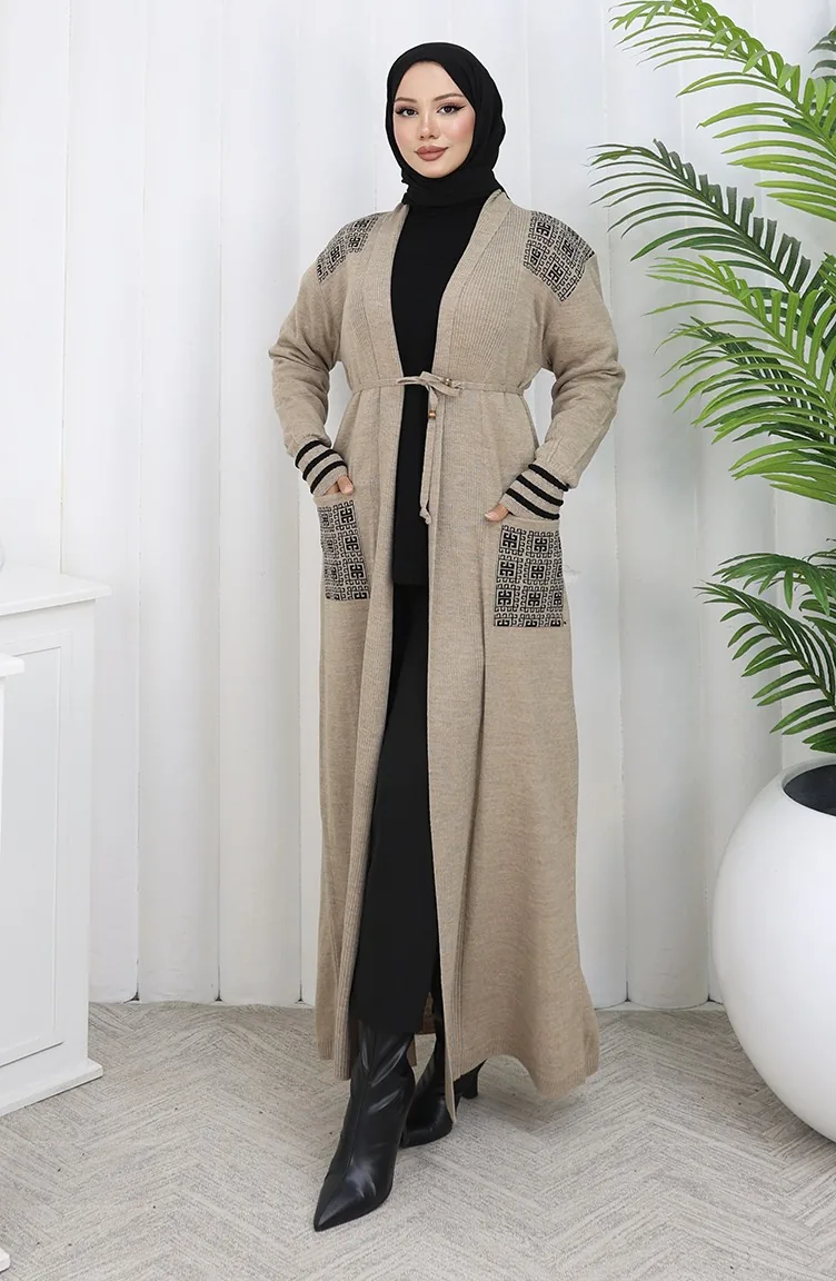 Strickwaren Bestickte Lange Strickjacke 0027-02 Beige 0027-02