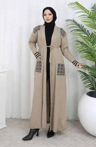 Strickwaren Bestickte Lange Strickjacke 0027-02 Beige 0027-02