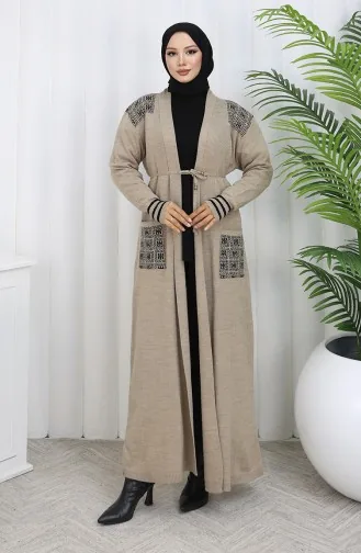 Strickwaren Bestickte Lange Strickjacke 0027-02 Beige 0027-02