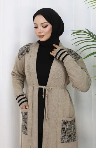 Strickwaren Bestickte Lange Strickjacke 0027-02 Beige 0027-02