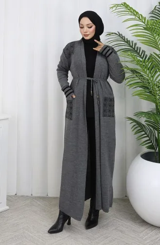 Cardigan Long Brodé En Maille 0027-05 Anthracite 0027-05