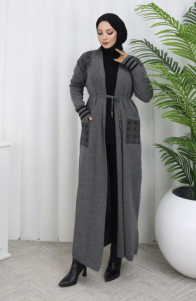 Cardigan Long Brodé En Maille 0027-05 Anthracite 0027-05