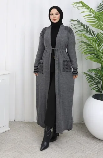Cardigan Long Brodé En Maille 0027-05 Anthracite 0027-05