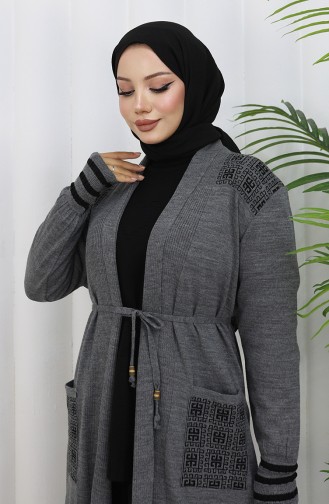 Cardigan Long Brodé En Maille 0027-05 Anthracite 0027-05