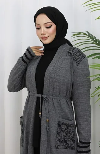 Cardigan Long Brodé En Maille 0027-05 Anthracite 0027-05