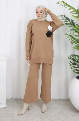 Ensemble Deux Pièces En Tricot Col Roulé Tunique Et Pantalon 1015-07 Café Au Lait 1015-07