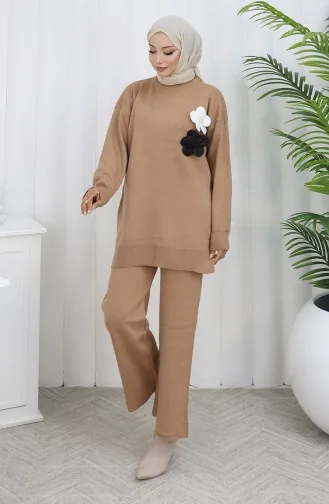 Ensemble Deux Pièces En Tricot Col Roulé Tunique Et Pantalon 1015-07 Café Au Lait 1015-07