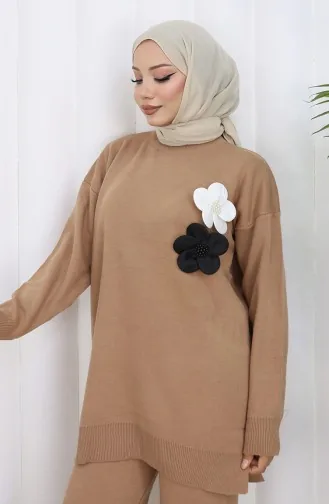 Ensemble Deux Pièces En Tricot Col Roulé Tunique Et Pantalon 1015-07 Café Au Lait 1015-07