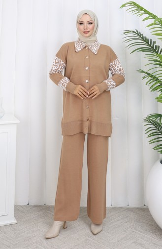 Ensemble Deux Pièces En Tricot Tunique Boutonnée Et Garnie Pantalon 1020-05 Noir Lait Et Café 1020-05