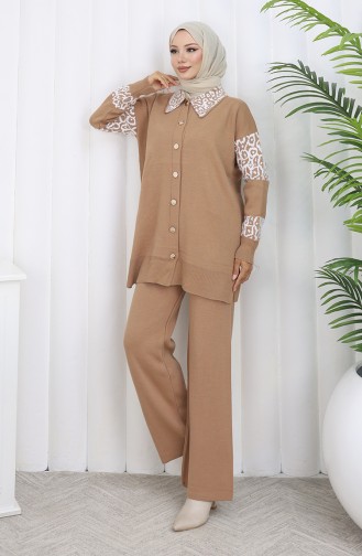 Ensemble Deux Pièces En Tricot Tunique Boutonnée Et Garnie Pantalon 1020-05 Noir Lait Et Café 1020-05