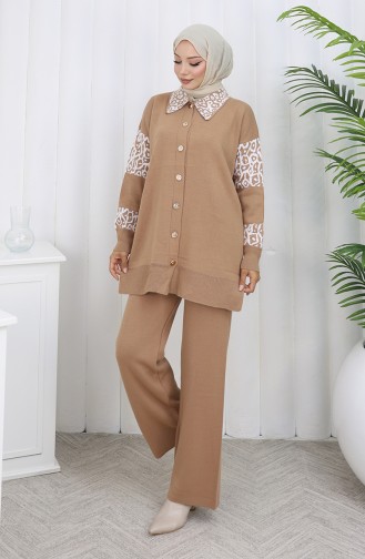 Ensemble Deux Pièces En Tricot Tunique Boutonnée Et Garnie Pantalon 1020-05 Noir Lait Et Café 1020-05