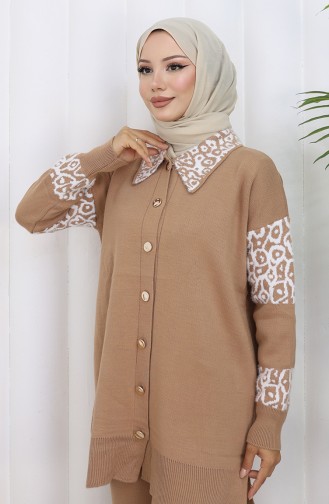 Ensemble Deux Pièces En Tricot Tunique Boutonnée Et Garnie Pantalon 1020-05 Noir Lait Et Café 1020-05