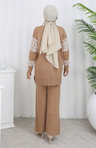 Ensemble Deux Pièces En Tricot Tunique Boutonnée Et Garnie Pantalon 1020-05 Noir Lait Et Café 1020-05