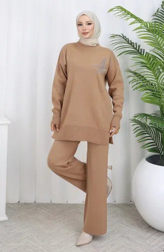 Knitwear Stone Printed Tunic Trousers Two Piece Suit 1053-05 Milk Coffee 1053-05