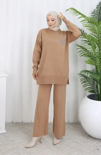 Knitwear Stone Printed Tunic Trousers Two Piece Suit 1053-05 Milk Coffee 1053-05