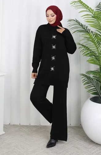 Ensemble Deux Pièces Tunique Et Pantalon En Tricot Brodé De Perles 1068-01 Noir 1068-01