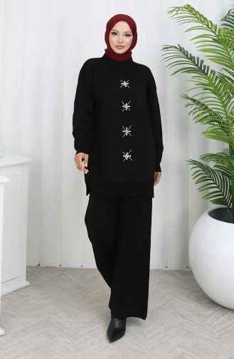 Ensemble Deux Pièces Tunique Et Pantalon En Tricot Brodé De Perles 1068-01 Noir 1068-01