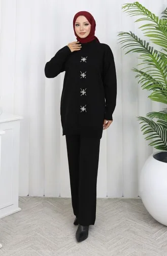 Ensemble Deux Pièces Tunique Et Pantalon En Tricot Brodé De Perles 1068-01 Noir 1068-01
