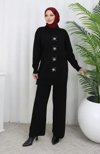 Ensemble Deux Pièces Tunique Et Pantalon En Tricot Brodé De Perles 1068-01 Noir 1068-01