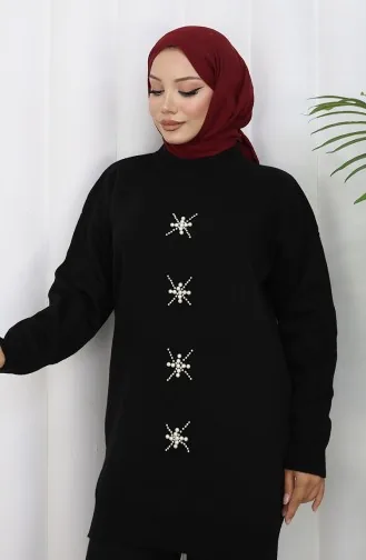 Ensemble Deux Pièces Tunique Et Pantalon En Tricot Brodé De Perles 1068-01 Noir 1068-01