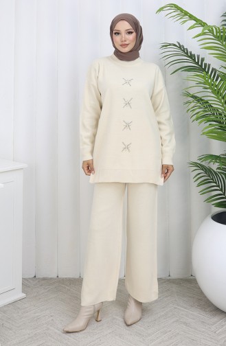 Ensemble Deux Pièces Tunique Et Pantalon En Tricot Brodé De Perles 1068-02 Beige 1068-02