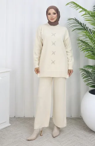 Knitwear Pearl Embroidered Tunic Trousers Two Piece Set 1068-02 Beige 1068-02