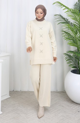 Ensemble Deux Pièces Tunique Et Pantalon En Tricot Brodé De Perles 1068-02 Beige 1068-02