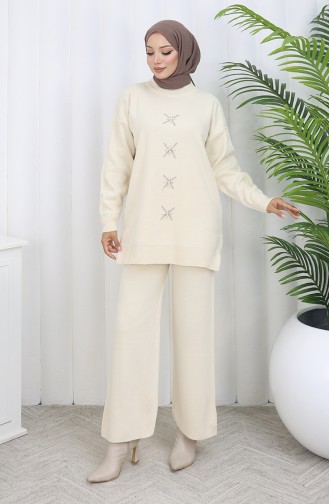 Ensemble Deux Pièces Tunique Et Pantalon En Tricot Brodé De Perles 1068-02 Beige 1068-02