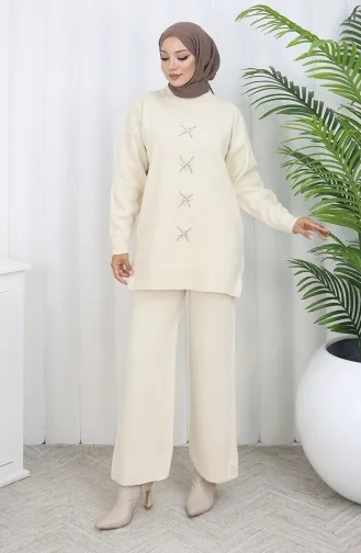 Knitwear Pearl Embroidered Tunic Trousers Two Piece Set 1068-02 Beige 1068-02