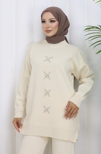Ensemble Deux Pièces Tunique Et Pantalon En Tricot Brodé De Perles 1068-02 Beige 1068-02