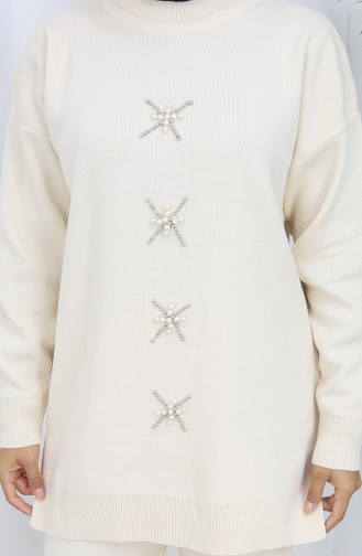 Ensemble Deux Pièces Tunique Et Pantalon En Tricot Brodé De Perles 1068-02 Beige 1068-02