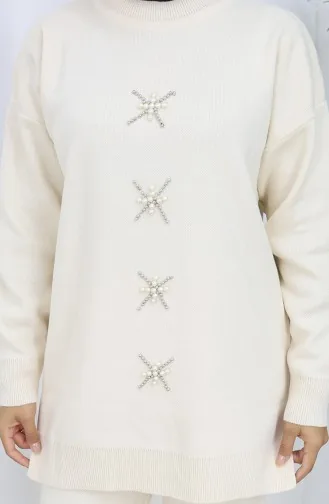 Knitwear Pearl Embroidered Tunic Trousers Two Piece Set 1068-02 Beige 1068-02