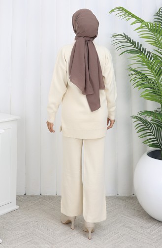 Ensemble Deux Pièces Tunique Et Pantalon En Tricot Brodé De Perles 1068-02 Beige 1068-02