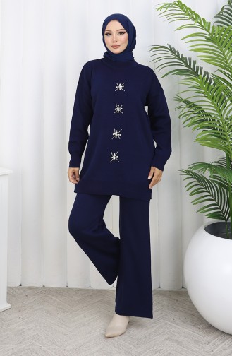 Ensemble Deux Pièces En Tricot Tunique Et Pantalon Brodés De Perles 1068-05 Bleu Marine 1068-05