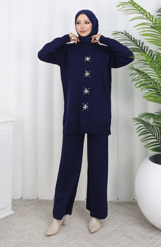 Ensemble Deux Pièces En Tricot Tunique Et Pantalon Brodés De Perles 1068-05 Bleu Marine 1068-05