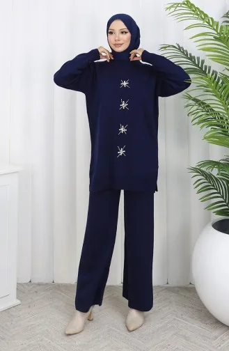بدلة من قطعتين، بنطلون وتونيك مطرز باللؤلؤ، 1068-05 أزرق داكن 1068-05