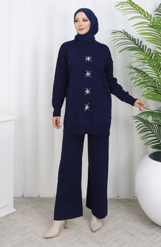 Ensemble Deux Pièces En Tricot Tunique Et Pantalon Brodés De Perles 1068-05 Bleu Marine 1068-05