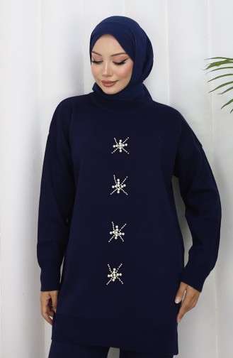 Ensemble Deux Pièces En Tricot Tunique Et Pantalon Brodés De Perles 1068-05 Bleu Marine 1068-05